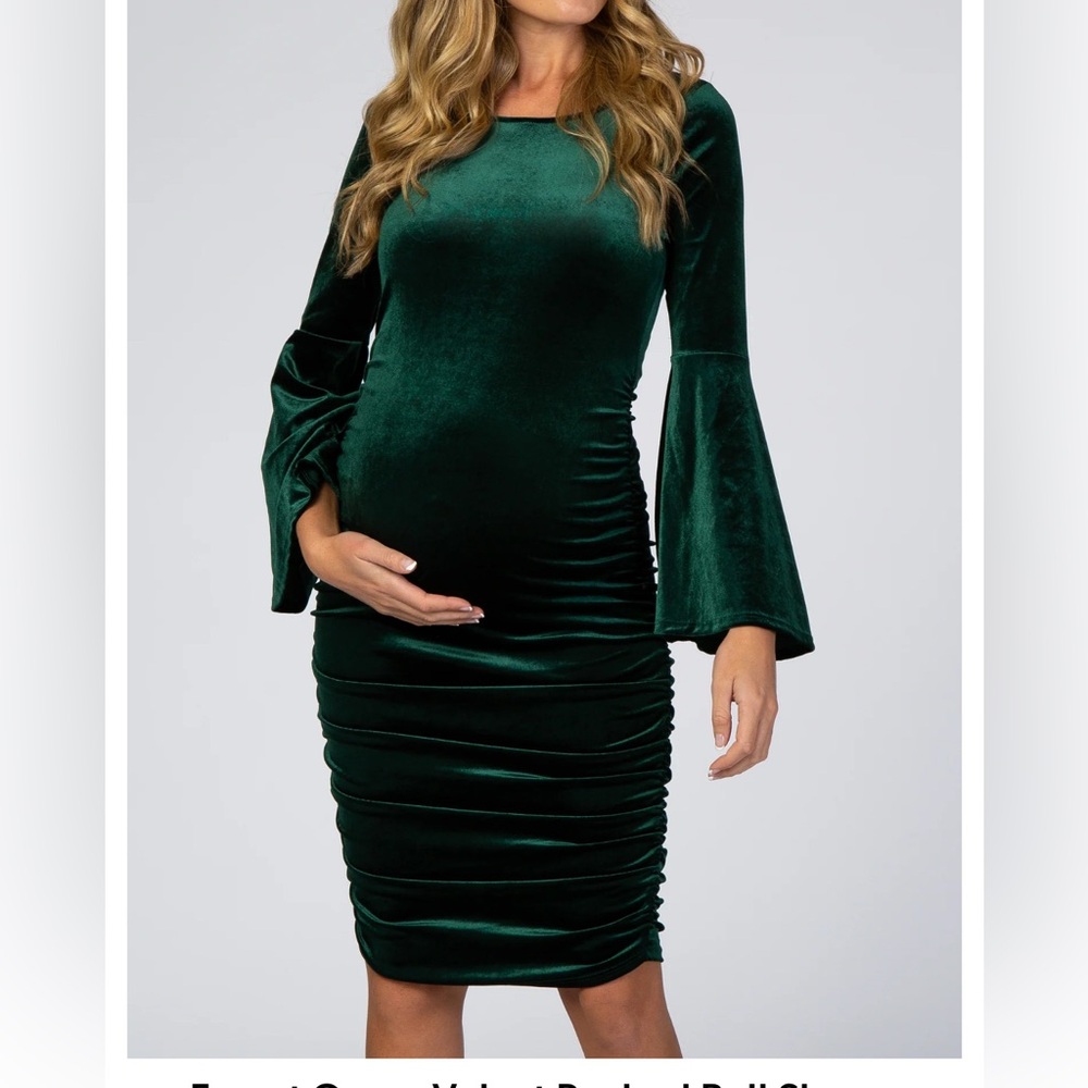 Maternity Green Velvet Bell Sleeve Dress